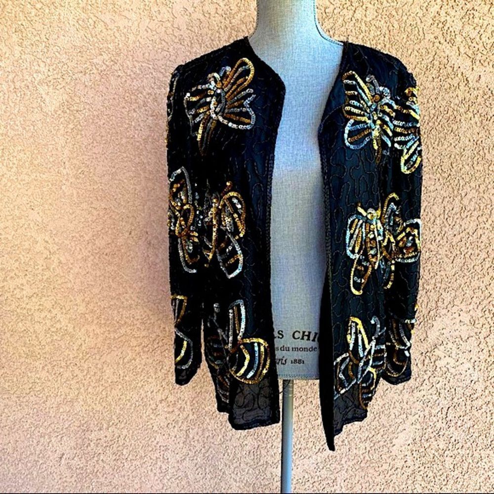 Vintage sequin beaded boutique jacket black gold butterfly size medium